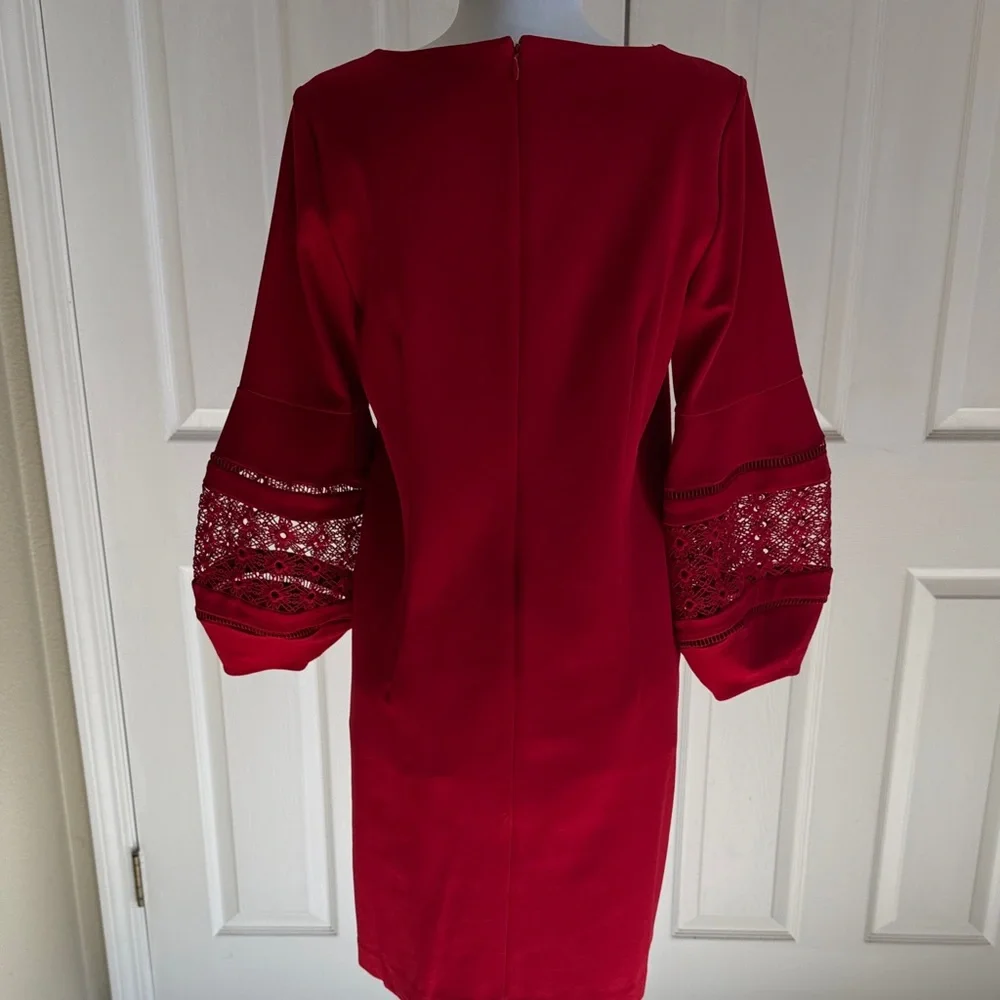 Chico's Vibrant Red Dress with Lace Sleeves, M - Picture 8 of 14